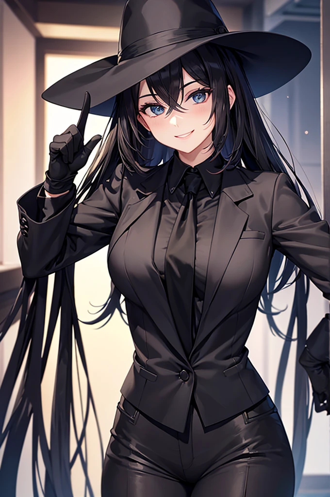 A woman in a black pantsuit,tie,Smiling Black Gloves