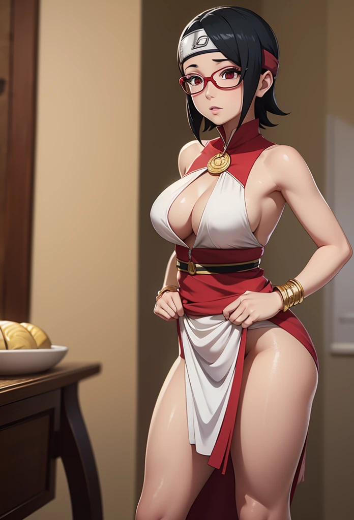 Masterpiece,Solo,1Girl,Sarada Uchiha,(Boruto),Big Breasts,Perfect Body,Sexy Body Hot,Ultra High Quality,Ultra High Resolution,Photograph 16K,Ultra Detailed,Short Hair,Beautiful,Beautiful Goddess,Egyptian Dancer Theme,White Dress,White Loincloth,Scales Covering Her Chest,Sexy Dancer,Face Veil,Dancer Style,Bracelet,Gold Belt