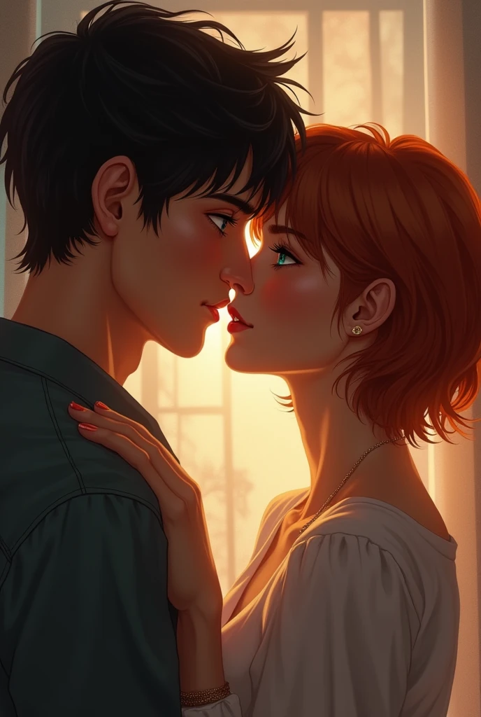 Sweet tan girl with very short ginger hair and aqua blue eyes in love with an Ex-convict with short black hair and dark brown eyes 