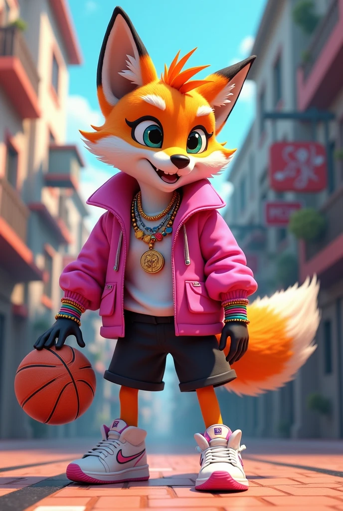 Fox in pink clothes, black shorts, white sneakers, basketball and colorful necklaces and bracelets 
