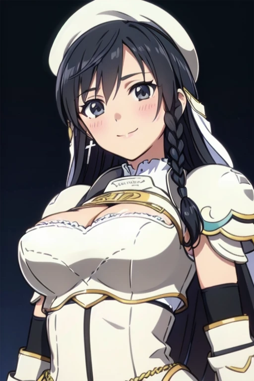 Sonia Blanche, cross earrings, hair ornament, veil, armored dress, pauldrons, breastplate, gauntlets, (white beret), 1girl, solo, upper body, (big breasts), facing viewer, looking at viewer, (smile), blush, (dark background), night time, close-up, (view from below)