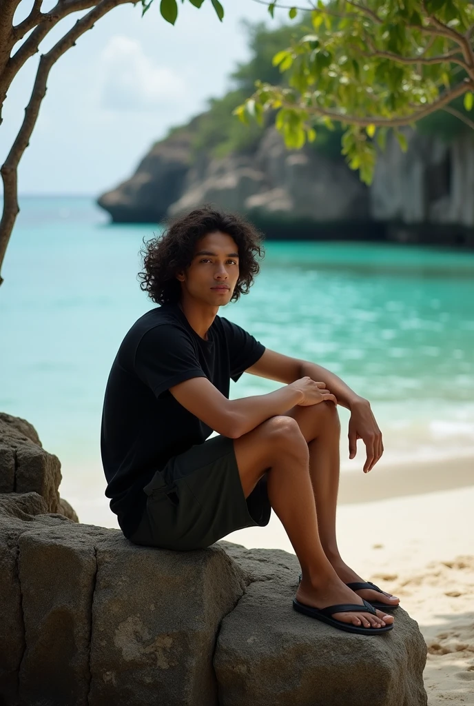 Photography of a young Indonesian man aged 20 years with long curly hair wearing a black t-shirt, shorts, flip-flops, sitting on a rock with a Wakatobi beach background.