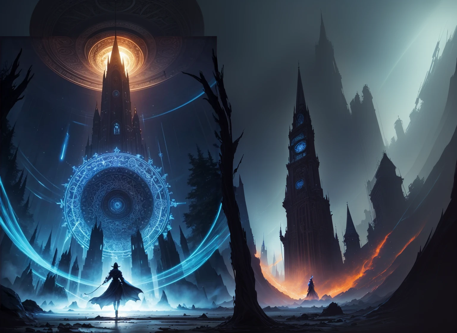 a person standing in front of a giant structure with a giant clock tower, symmetrical epic fantasy art, a sinister fantasy illustration, Complex and epic composition, Elegant cinematic fantasy art, mohrbacher, ornate borders + conceptual artwork, magical conceptual artwork, dark fantasy style art, symmetric conceptual artwork, 4k fantasy artwork, fractal trovão dan mumford, epic anime art