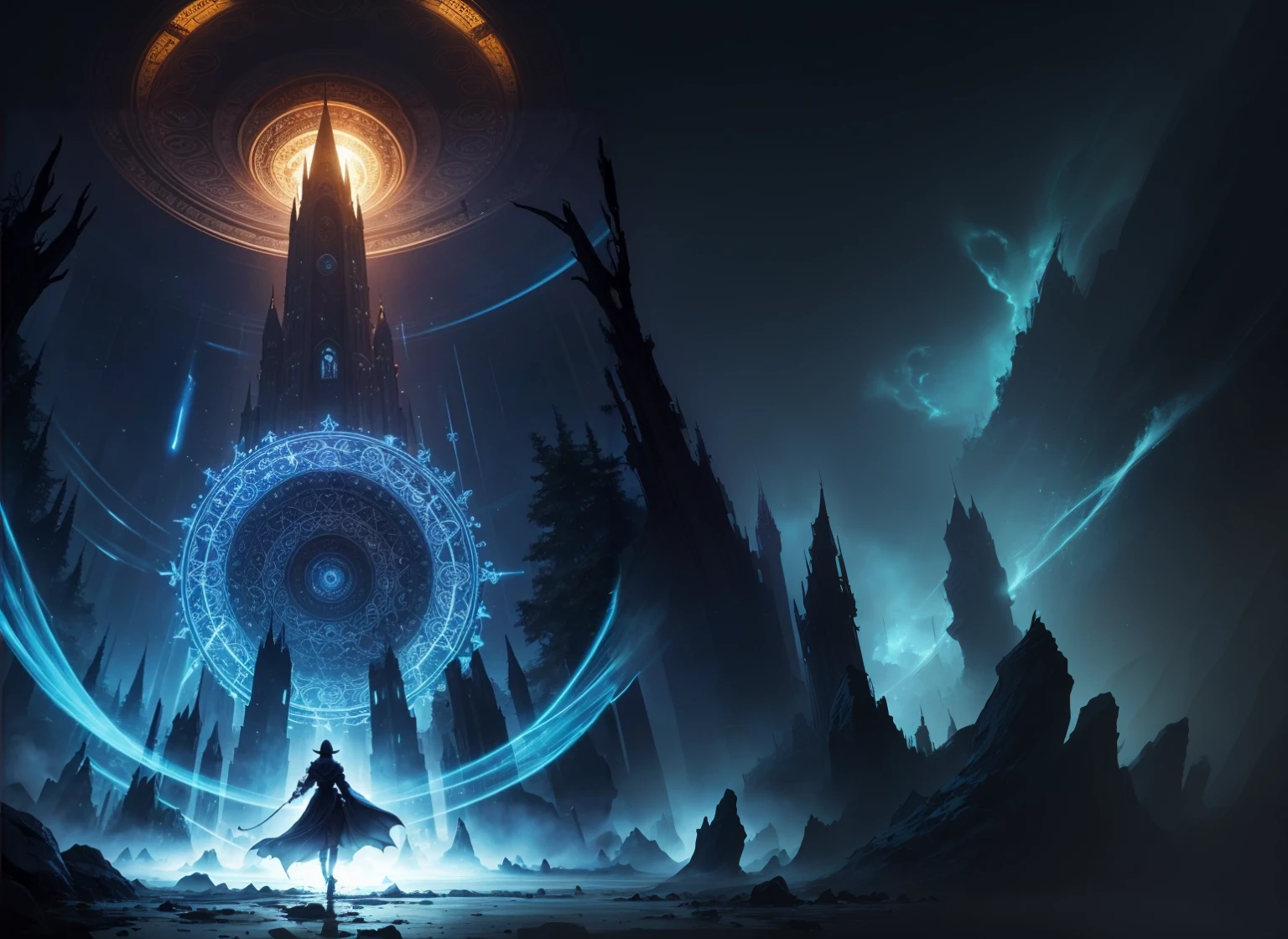 a person standing in front of a giant structure with a giant clock tower, symmetrical epic fantasy art, a sinister fantasy illustration, Complex and epic composition, Elegant cinematic fantasy art, mohrbacher, ornate borders + conceptual artwork, magical conceptual artwork, dark fantasy style art, symmetric conceptual artwork, 4k fantasy artwork, fractal trovão dan mumford, epic anime art