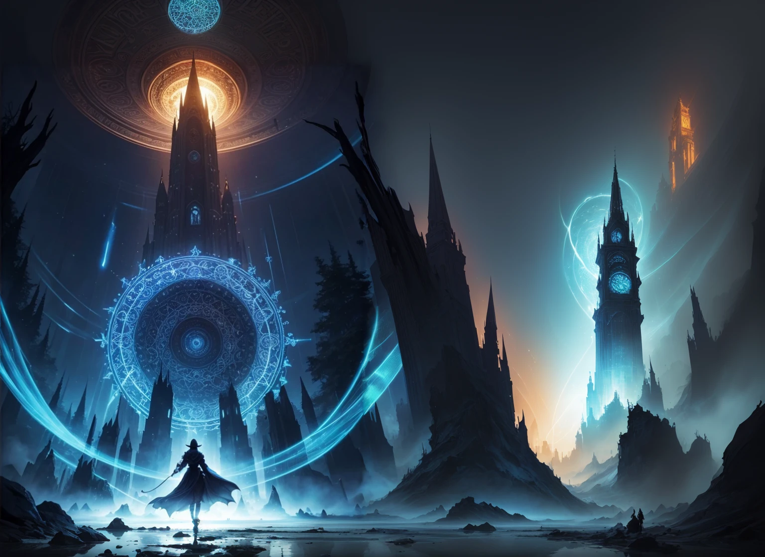 a person standing in front of a giant structure with a giant clock tower, symmetrical epic fantasy art, a sinister fantasy illustration, Complex and epic composition, Elegant cinematic fantasy art, mohrbacher, ornate borders + conceptual artwork, magical conceptual artwork, dark fantasy style art, symmetric conceptual artwork, 4k fantasy artwork, fractal trovão dan mumford, epic anime art