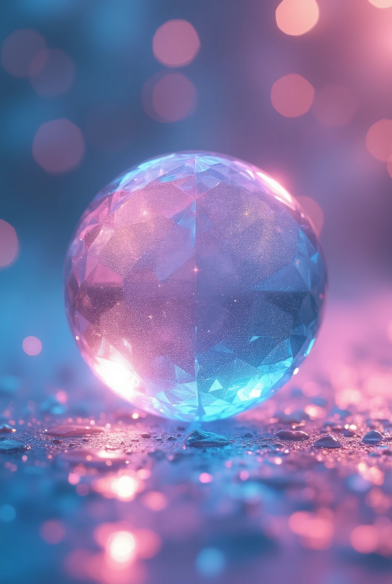 Create a dot symbol made of pink-blue crystal (hologram effect), glass material, soft glow, beautiful bright hologram background