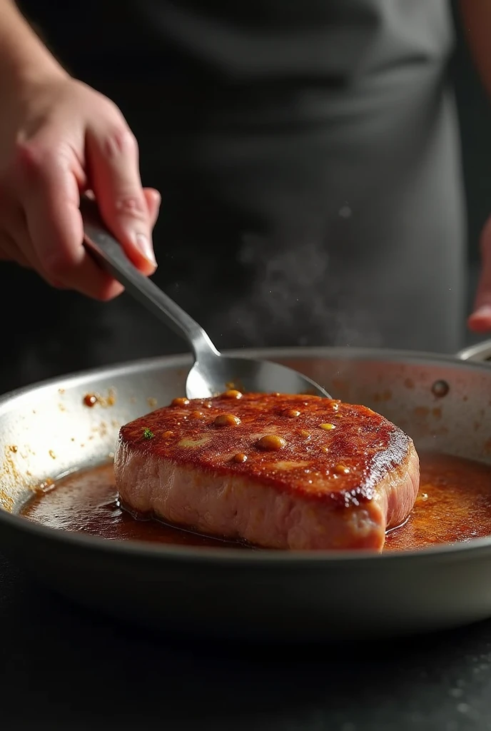 Image of a piece of meat being browned in a pan, with one hand holding a spoon, The skin of the hand should be clear and as realistic as possible in-game image

