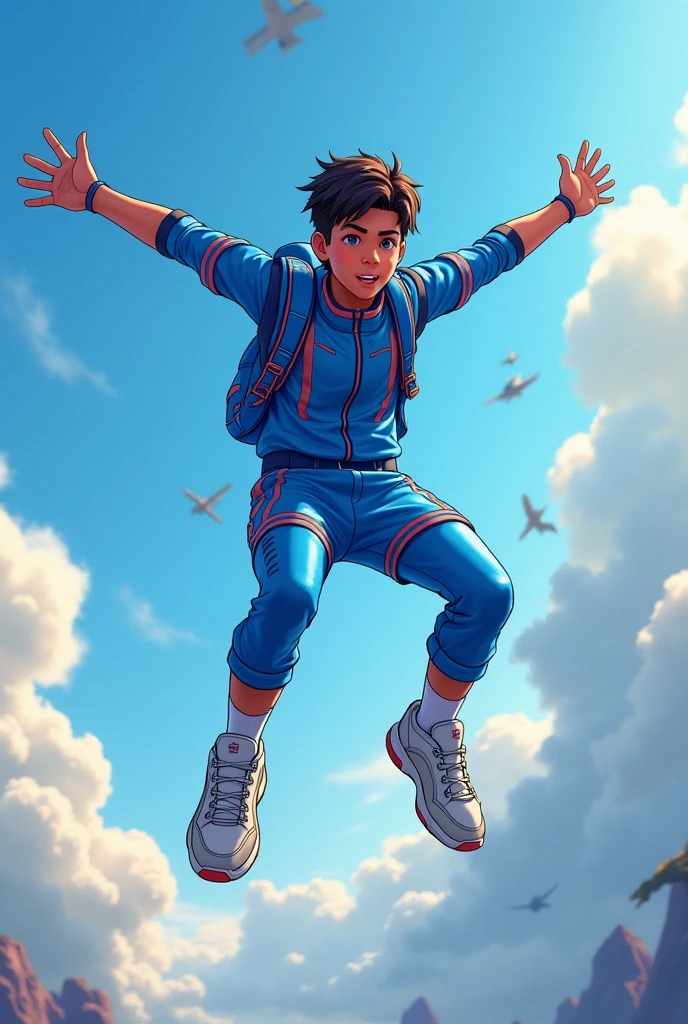 A young male character from a battle royale game wearing blue clothes and sneakers, Jumping out of a plane. Very cartoonish graphic