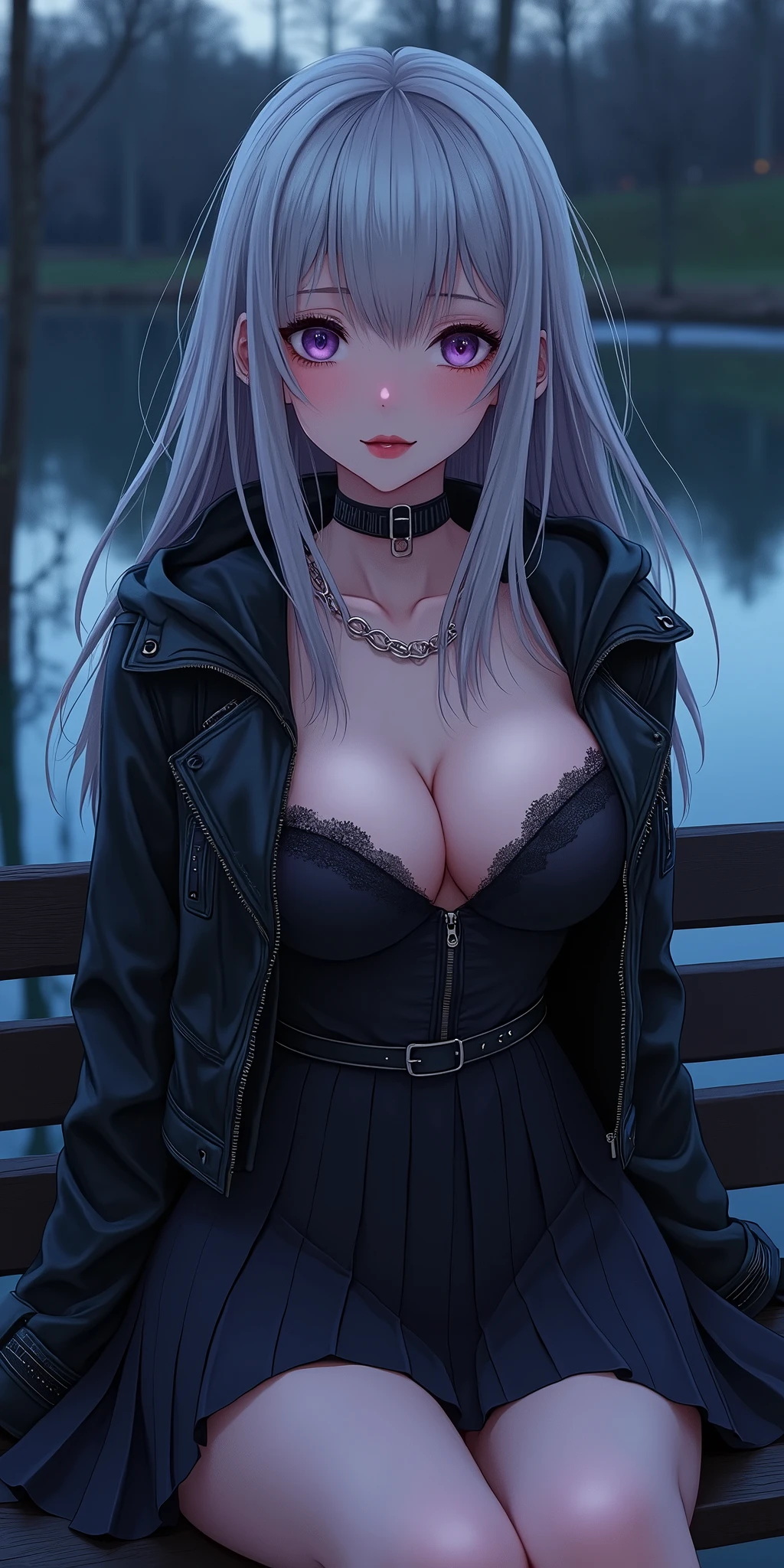 (best quality, ultra-detailed, photorealistic: 1.39), bright and vibrant colors, studio lighting, romantic expression, An effeminate girl, with a delicate and beautiful face. Beautiful and adult woman with her straight loose silver hair matches the gothic makeup, her dark purple eyes and mischievous smile, with her large seductive breasts, cleavage, dark style, hood, leather jacket, pleated skirt with belt, dark makeup. She have a horny face, like a manwha character, chain details, in the park at night, lake, trees, sitting on the bench, seductive cleavage, manga style, anime features manga style, fully body , she is in love, like a manwha character style