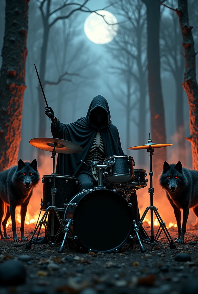 Drummer dressed as death playing on his all black drum kit, in the burning forest moonlit night next to wolves with red eyes, Gloomy and Gothic climate