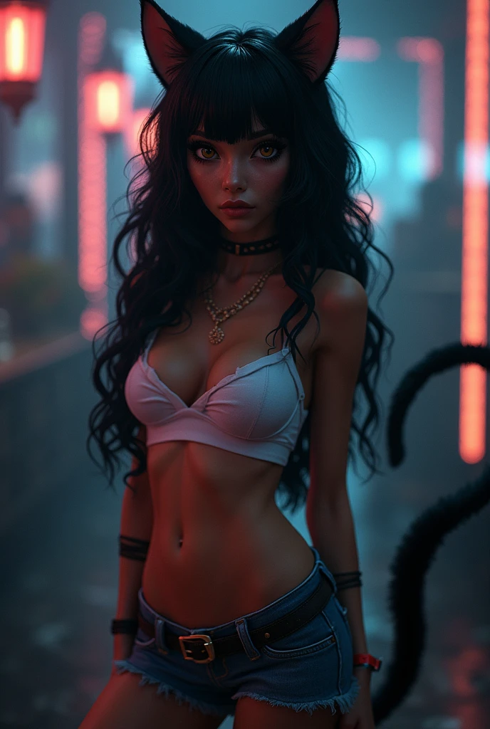 I want a cat that combines the characteristics of a black cat with a human body.. She must have a female body, but with feline features like large, bright honey-colored eyes, pointy ears on top of the head, silky black hair, and an agile and elegant posture. Skin can be smooth with a dark tone, and the look must convey mystery and charm, like that of a black cat."Female anthropological detailed cat)(ultradetailed eyes), (((textile shading))), (((best qualityer))), (((work of art))), (((Ultra-detailed CG))), black fur,black tail) fluffy long fur tail,gata daring, body skinny, Waist slender, wide hip,(medium chest), Bblack hair, long hair, curly hair, Loose hairstyle, ((Messy hair, gorgeous hair)), honey-colored eyes, (((White strapless top and short blue shorts))), ((pose punk daring) (Linda, daring, shanty town), fancy jewelry, dark day, party with lights,dark club atmosphere closed party, atmosphere lights, sensuality plan, medium shot, Centered image, Eye on camera, fixed white covering the breasts
