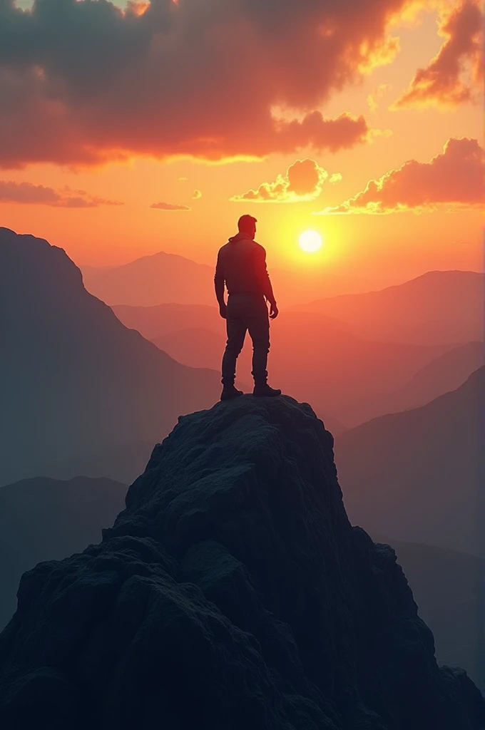 A men standing on mountain in sunset time 
