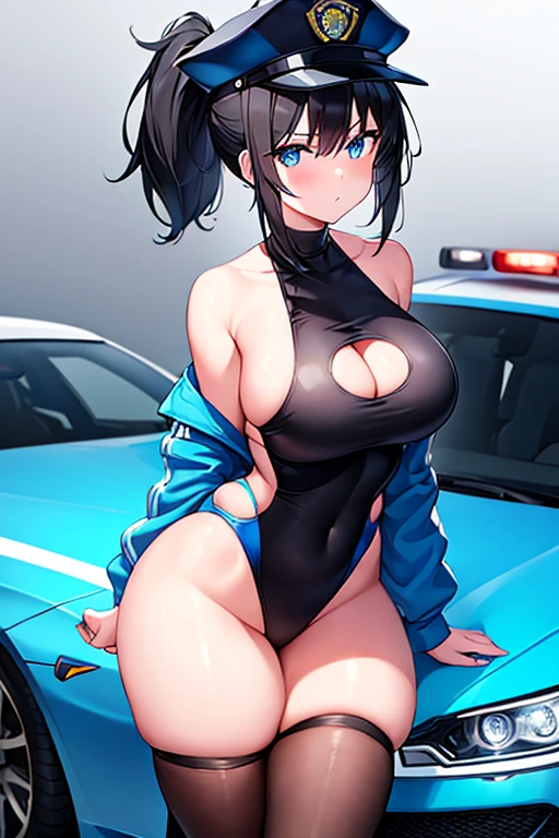 1girl, black hair, short hair, ponytail, long ponytail, blue eyes, large breasts, thick thighs, toned, hourglass figure, serious, blue jacket, one-piece swimsuit, competition swimsuit, white one-piece swimsuit, police hat, police, neon, neon trim, futuristic, science-fiction, machinery, tech, car, race queen, sports car, police car, cleavage cutout,