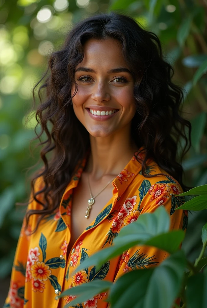 A Brazilian woman in a lush tropical garden, wearing an open shirt with a floral print, with a close-up capturing the harmonious beauty between her breasts and the natural flowers, showing off your natural charm and outgoing personality.