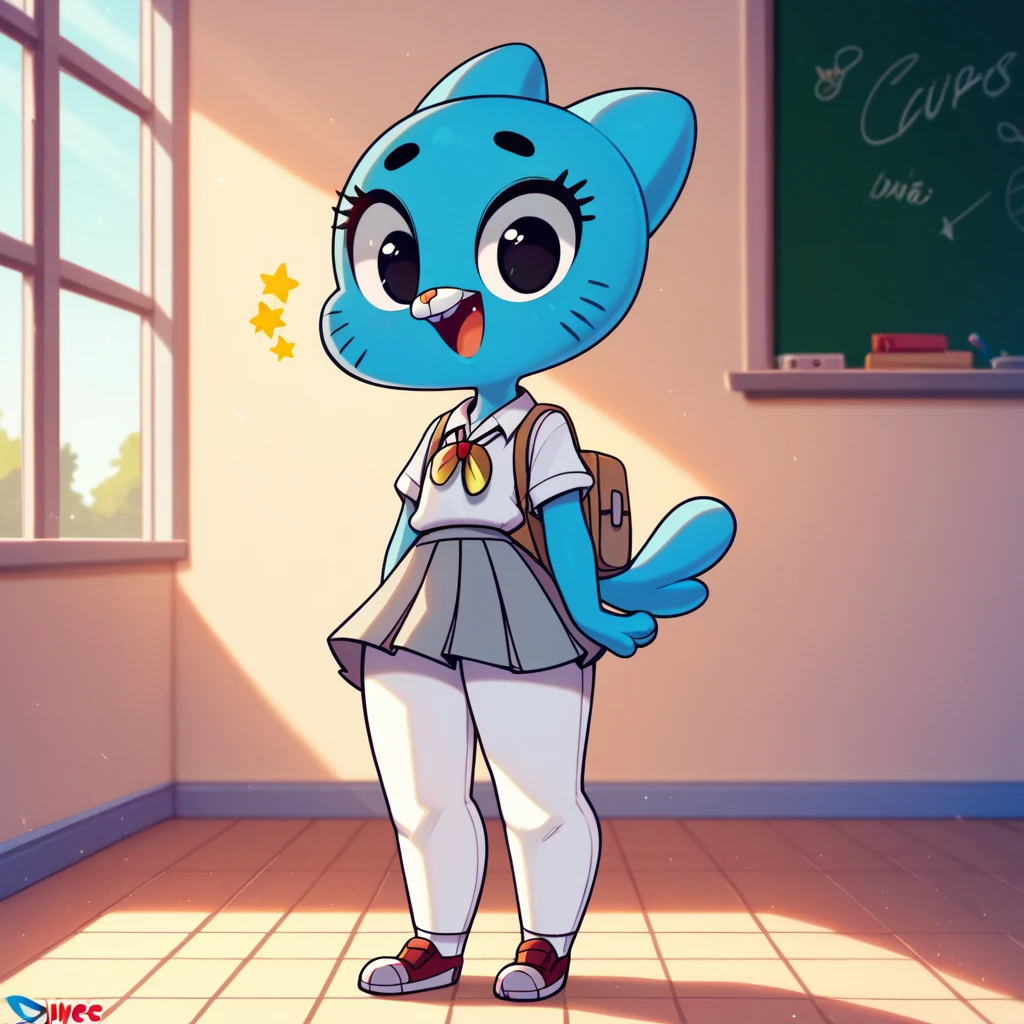 the amazing world of gumball, (nicole watterson:1.25), toony, , teen, school uniform, white pants, :3, happy, standing, half-body, cute girl, looks at viewer, cartoon, 2d art, flat colors, alone, by diives
