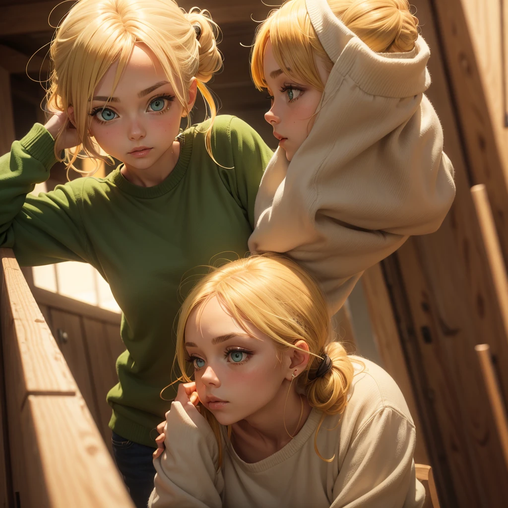 Blonde girl with honey color hair tied on a ponytail and green big eyes