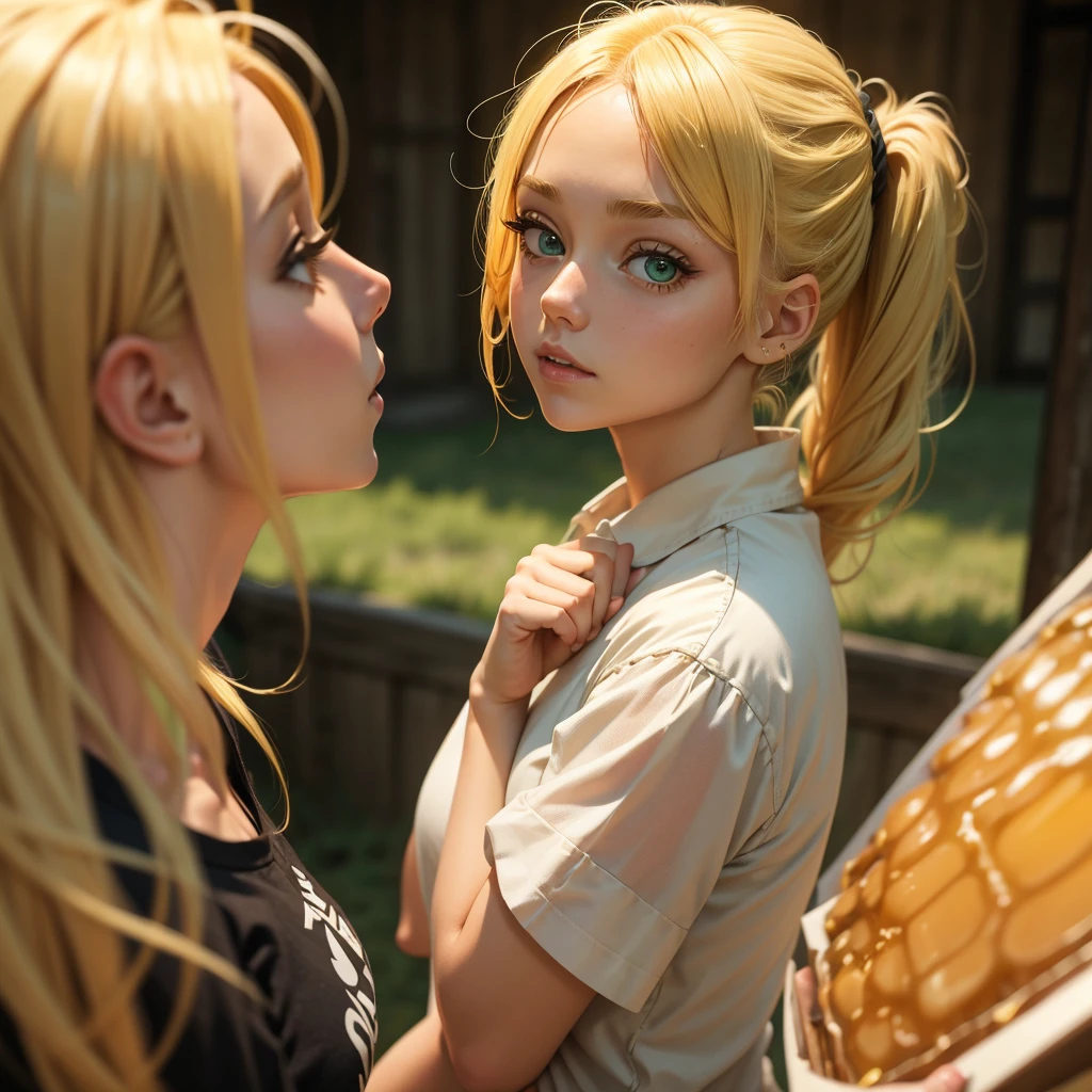 Blonde girl with honey color hair tied on a ponytail and green big eyes