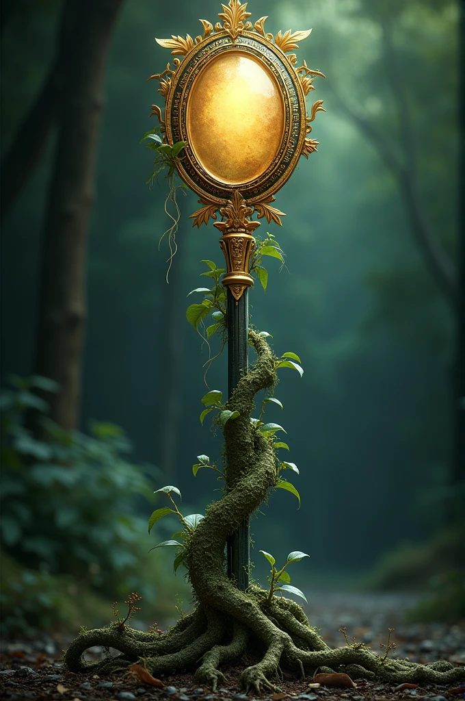 A staff with gold details, with roots and plants around it, a mirror on the tip, with the roots wrapping around it 