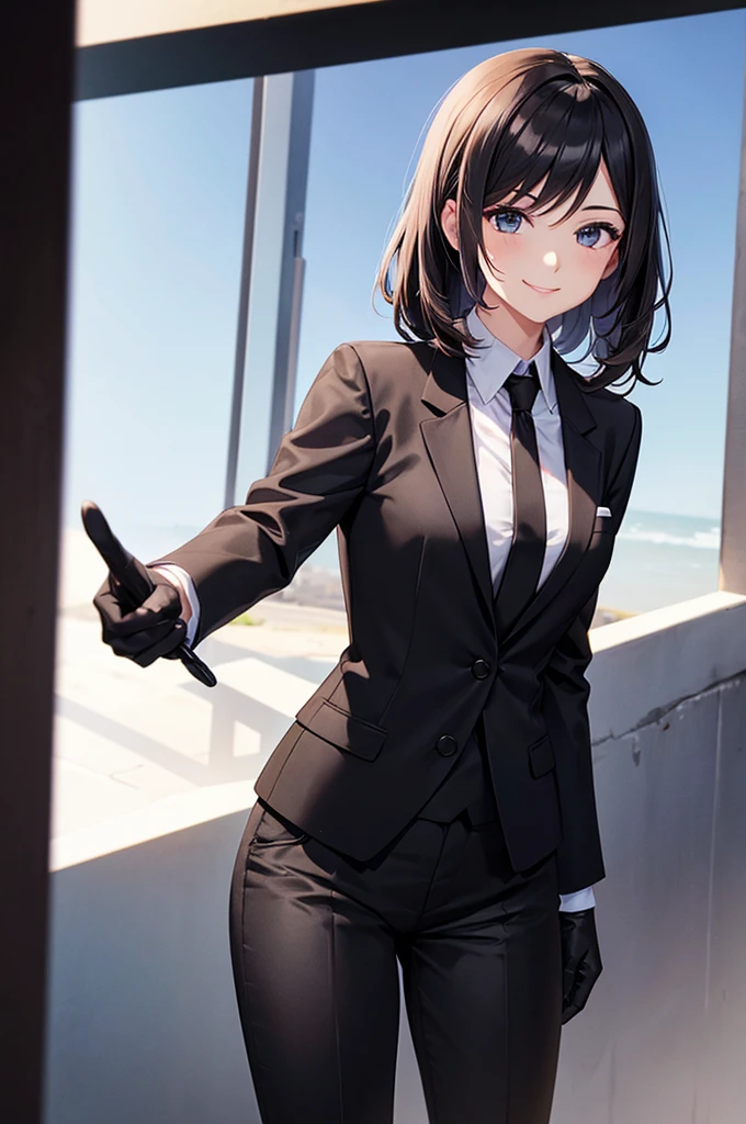 A woman in a black pantsuit tie smile Black gloves