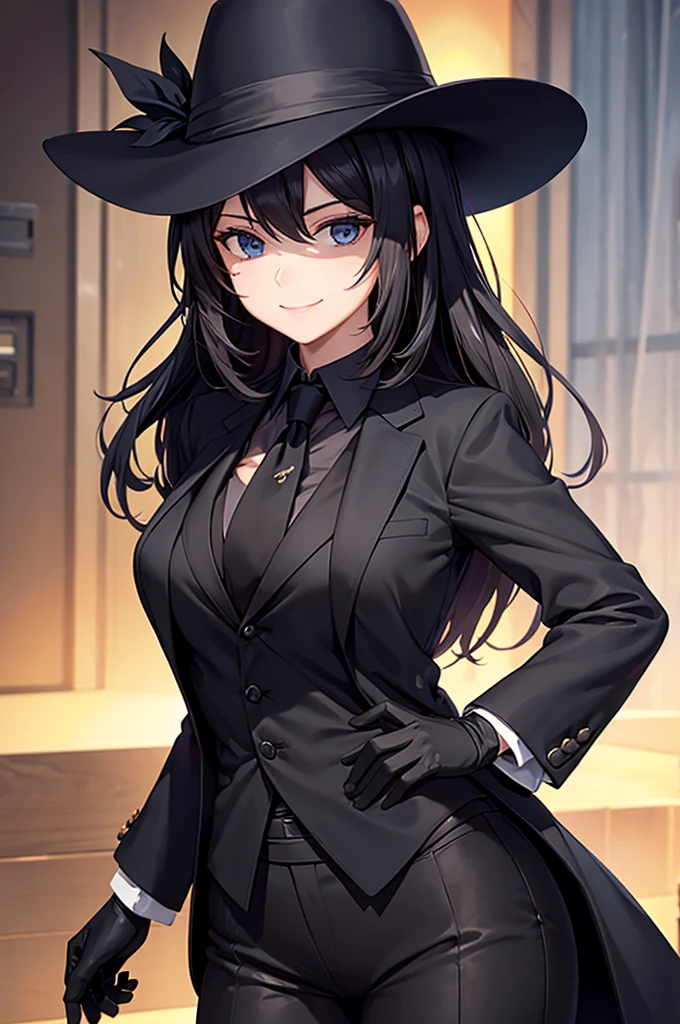 A woman in a black suit　smile　tie　Black gloves