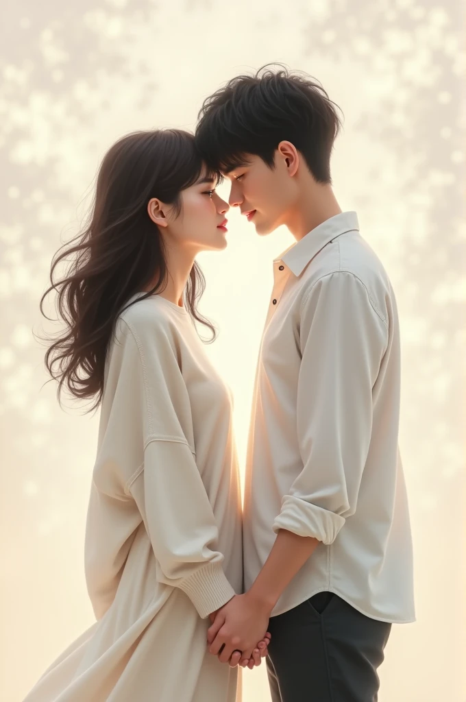 Create an image of a couple holding hands, The girl who is thin with slightly long hair, with a white sweater and the boy with a white shirt