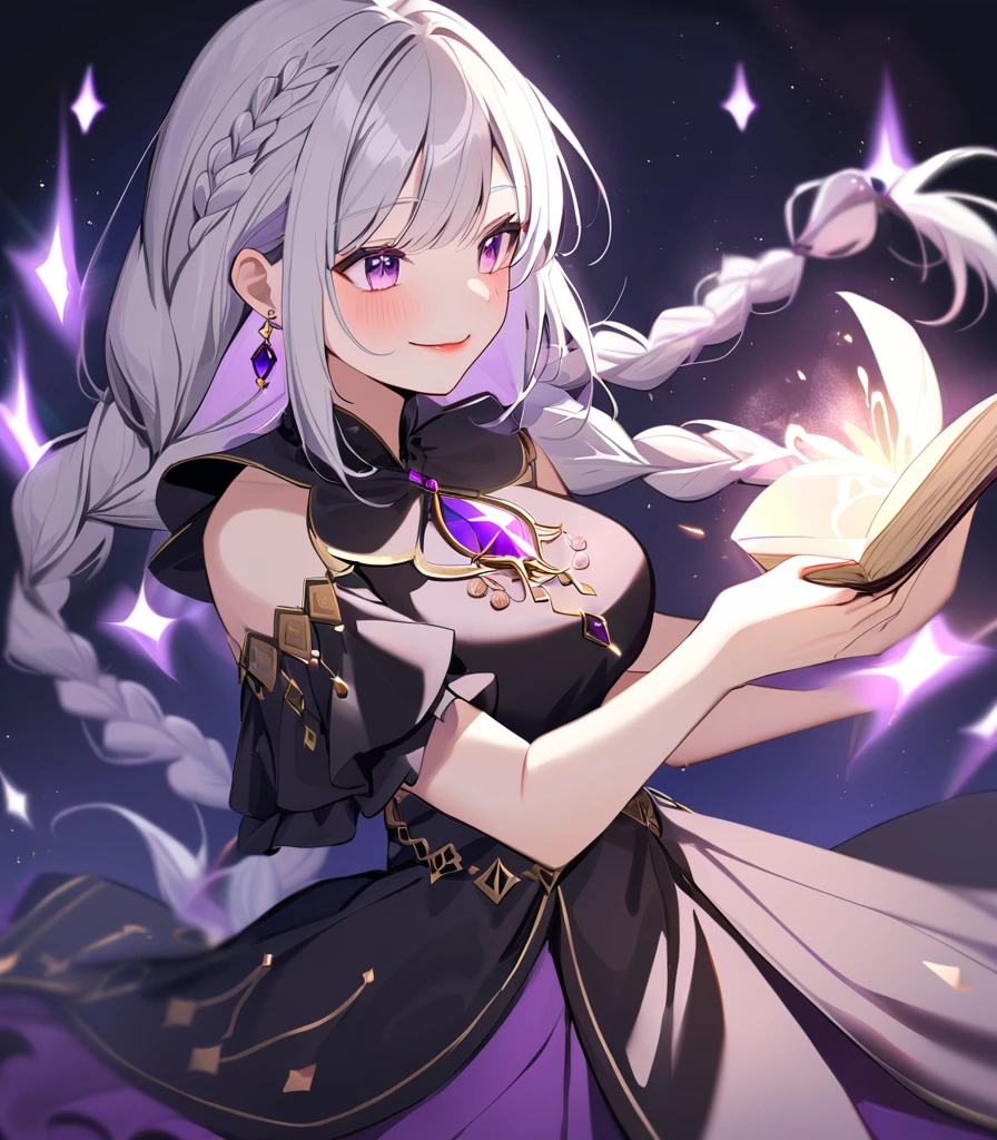 Girl with proud features, violet eyes, rosy lips and flushed cheeks, long white hair, with braids held together by violet jewels, witch style dress with ruffles and jewels and gold details, purple stone earrings, teasing smile and holding a magic book.