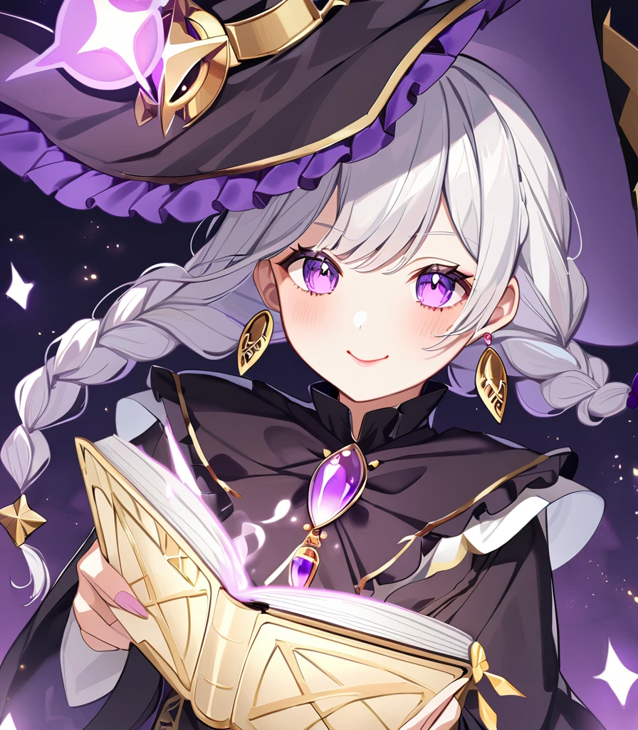 Girl with proud features, violet eyes, rosy lips and flushed cheeks, long white hair, with braids held together by violet jewels, witch style dress with ruffles and jewels and gold details, purple stone earrings, teasing smile and holding a magic book.