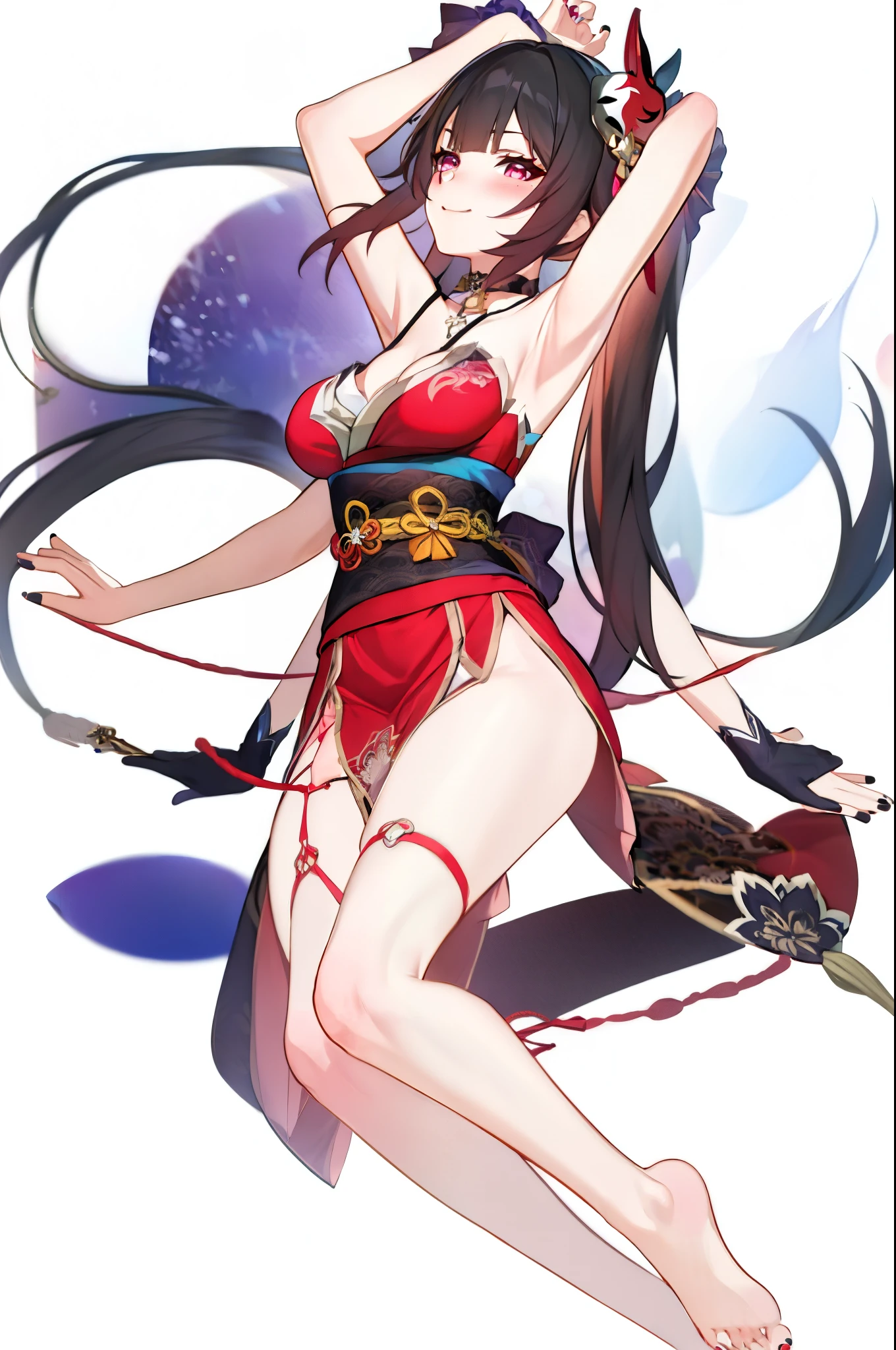 (2 heads:1.3), 1 woman, Sparks \(Honkai: Star Rail\), Twintail, hair accessories, alone, Off shoulder kimono, black nails, Mask on the head, Arms separated,legs apart, choker, heart, Single gloves, Wristband, Hanging rope across, thigh strap, Blush, sit, from below, Focus on the feet, cross your legs., cross your legs,  Look at the viewer., Barefoot, suffocate, ecstasy, smileที่เย้ายวนใจ, Pink-red bedroom, sofa,Masterpiece, illustration, beautiful, 4K, 8ก,DSLR Photos, (8ก, 4K, Masterpiece),(Masterpiece, best quality), best resolution, (3 heads:1.5),Arms separated,arm circle, (Put your hands on your head....), (lower hand on ankle), (lower hand on leg), Full content in the frame, full body view, (four arms),(Multi-arm),(many hands), รูปร่างเพรียวบาง Masterpiece,best quality,best resolution,1 woman,many heads, upper body, smile,  Facing the audience,big breasts,simple background,หน้าbeautiful,ผมbeautiful,ดวงตาbeautiful,ร่างกายที่beautifulงาม,มือbeautiful,conjoined twins