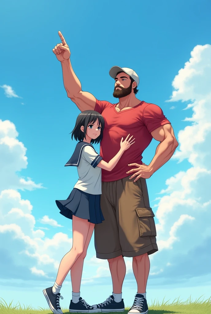 Muscular man wearing a shirt with long shorts Long loose shorts With pockets on the sides with converse sneakers red T-shirt and brown shorts Long short, Normal musculature With beard and baseball cap Realistic musculature Anime style next to him a shy  woman in school uniform Sailor uniform with short skirt hugging him and he looks up pointing with his outstretched arm towards the sky in sky perspective 