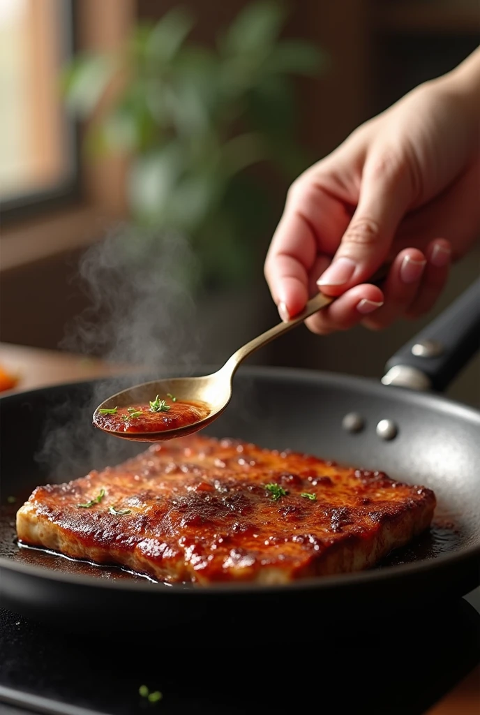 Image of a piece of meat being browned in a pan, with one hand holding a spoon, the skin of the hand should be clear and as realistic as possible, the image must be horizontal and the hand must be that of a woman 


