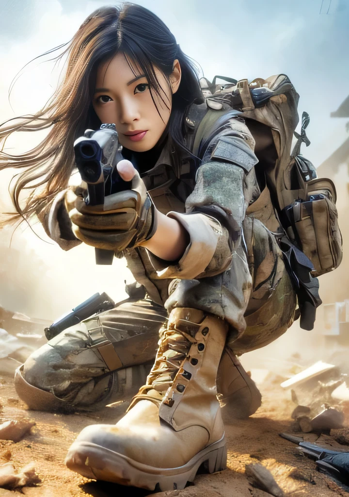 photorealistic、Realistic skin textures、A beautiful Japanese woman belonging to the American military is standing、aiming with a gun、standing position、standing on rubble、Action poses with movement、Image from below、Dirty boots