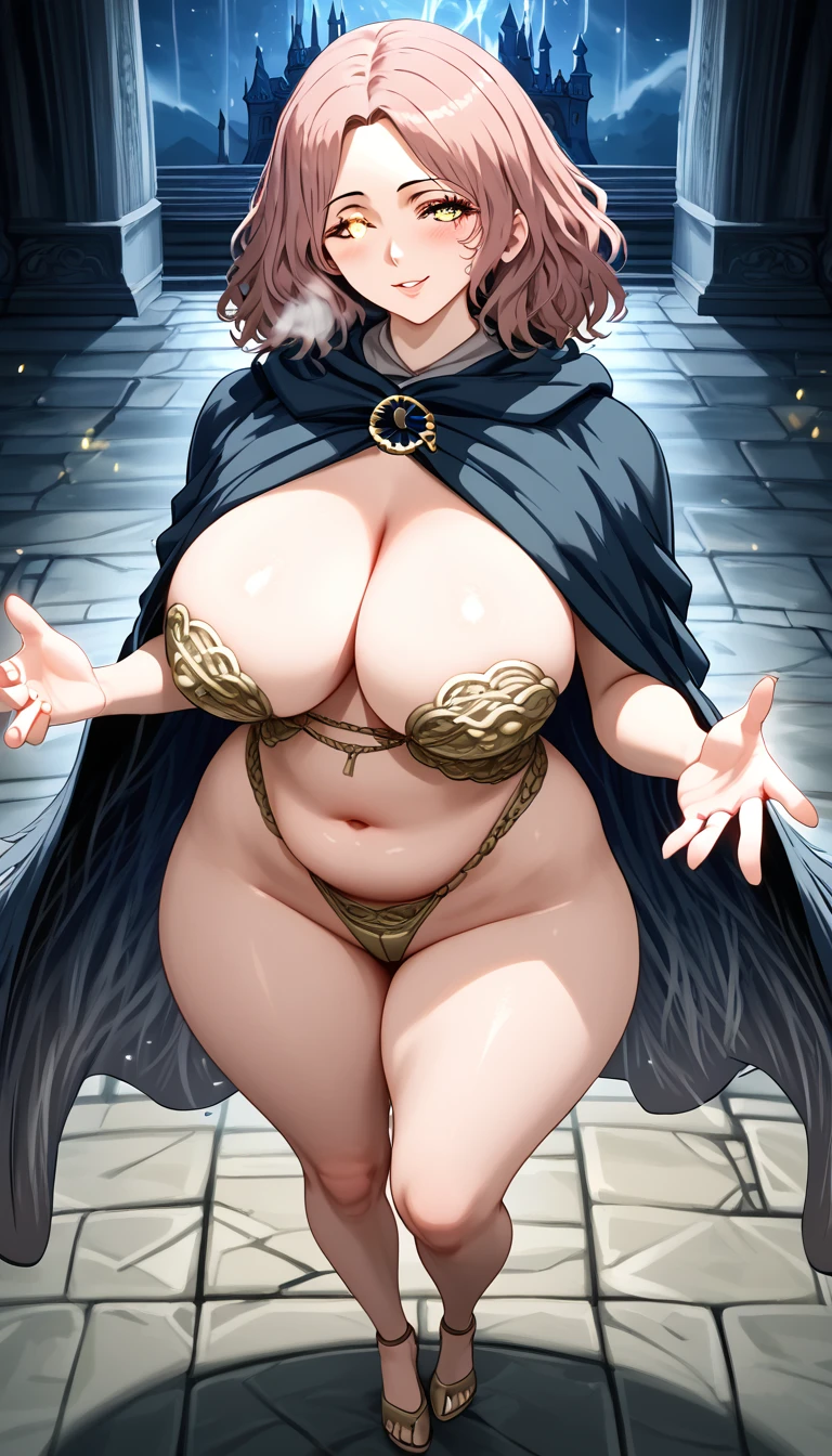 (POV from above), (Best quality: 1.5), (masterpiece: 1.5), (2.5D), (vivid colors), (1 character), (hentai), (perfect anatomy), ( character in center), (absurd), (4k wallpaper), (detailed eyes), (perfect hands), (perfect fingers), (beautiful skin), (glowing skin), (perfect shadows), (perfect lighting ), (full body), (beautiful eyes), (masterpiece), (curvy and thick body), (pretty face), ((melina from elden ring)), standing by a castle, seductive pose, thick thighs, big breasts, big rear, wide hips, out of breath, out of breath, aroused, yellow eyes with a blushing and slightly smiling face, curvy body, good proportions, slightly tiny bit chubby,