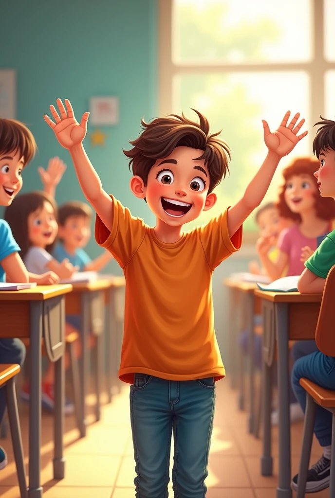 illustration. 8-year-old boy waving to his classmates in the classroom.