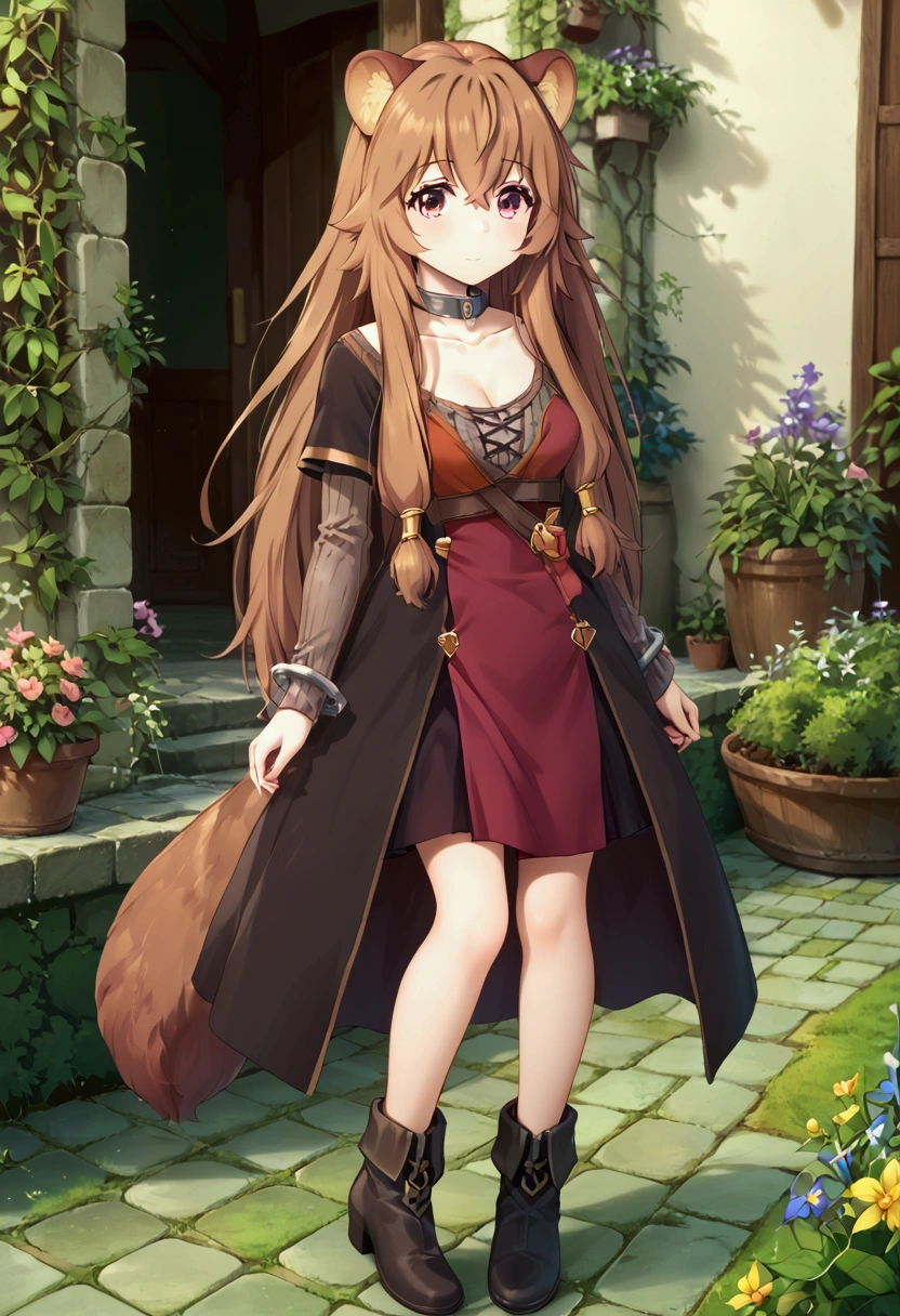  score_9,score_8,  (((perfect face))), (medium breasts), focus breasts, full body view, {looking at viewer},(brown hair), (bangs), (long hair), (animal ears), (raccoon ears), (raccoon girl), (raccoon tail), 1girl, raphtalia, (pink eyes), (detailed eyes), (perfect Eyes), garden, cleavage, outdoors, dress,long sleeves,boots
