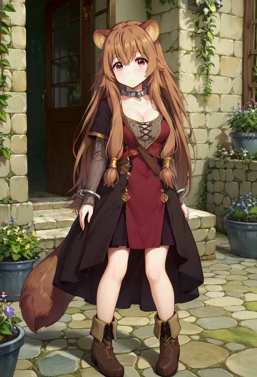 score_9,score_8, (((perfect face))), (medium breasts), focus breasts, full body view, {looking at viewer},(brown hair), (bangs), (long hair), (animal ears), (raccoon ears), (raccoon girl), (raccoon tail), 1girl, raphtalia, (pink eyes), (detailed eyes), (perfect Eyes), garden, cleavage, outdoors, dress,long sleeves,boots