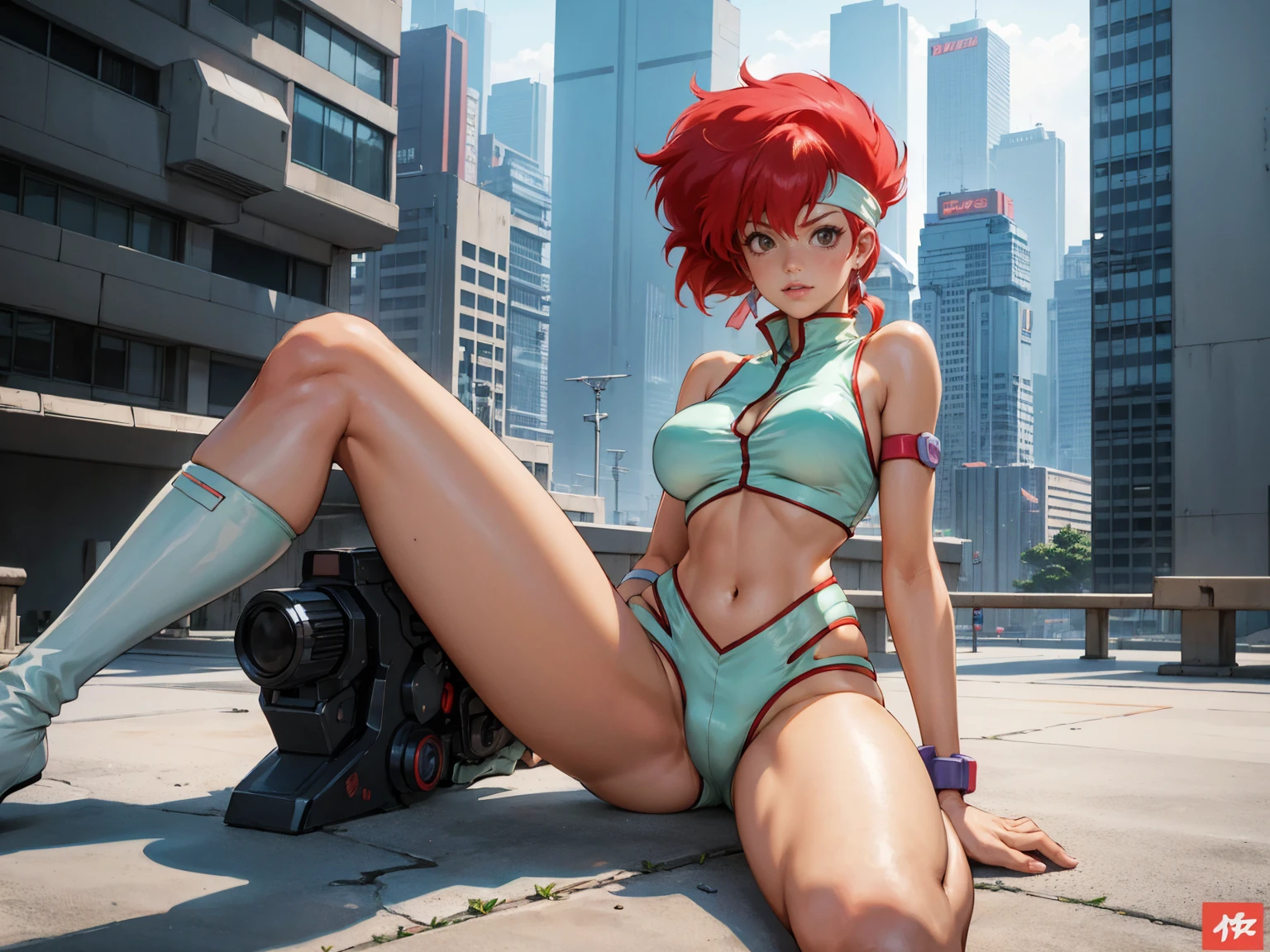 Kei from The Dirty Pair, , wearing a tight outfit, frame, legs, medium breast, red hair beauty, cyberpunk city background,  skyscrappers, outdoors, day, holding retro space-gun, headband, slim waist, slim thighs, thigh gap, knee on floor, aiming gun,