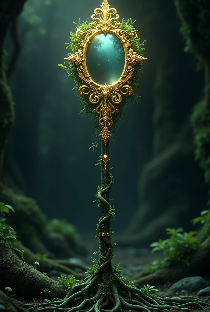 A staff with gold details, with roots and plants around it, a mirror on the tip, with the roots wrapping around it, and a black background behind it
