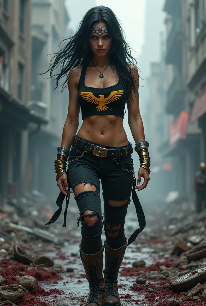 A beautiful woman with long black hair wearing a black top with a yellow eagle-like emblem on her chest with ripped black jeans, boots and gold bracelets, a silver headband with a red star on her forehead, screaming exhausted after an extensive battle, blood all around her in a cold and dark apocalyptic city, bloody and scary images