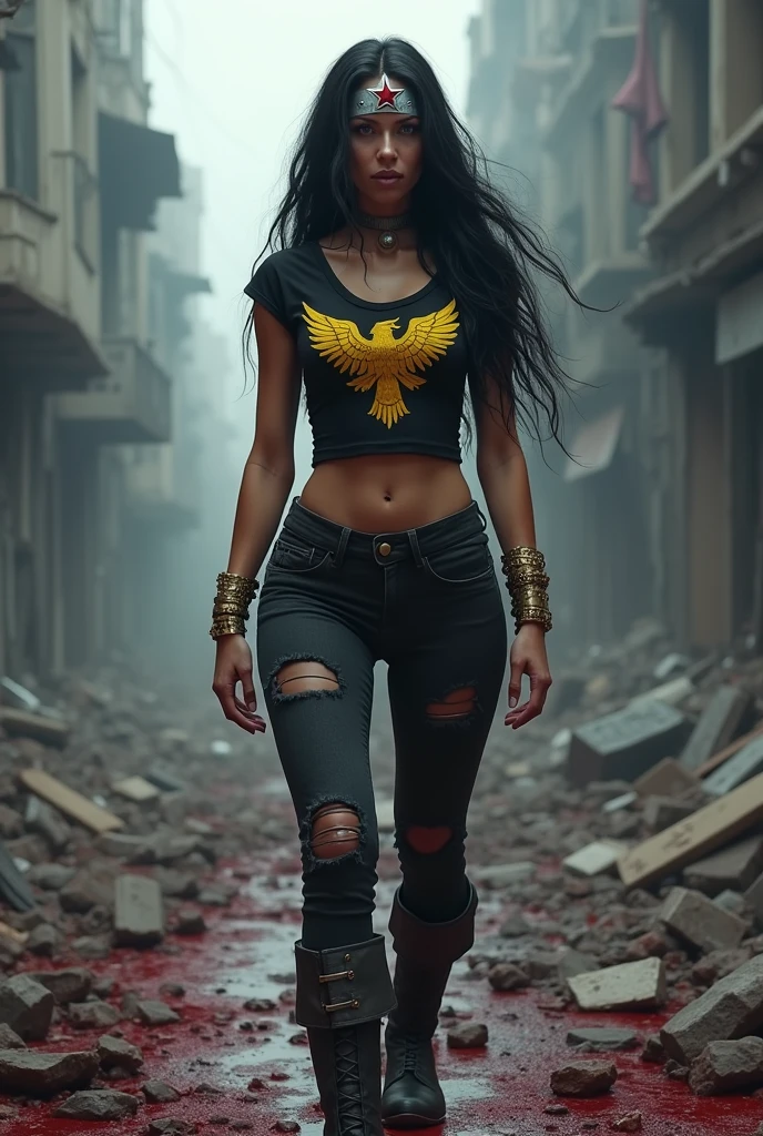 A beautiful woman with long black hair wearing a black top with a yellow eagle-like emblem on her chest with ripped black jeans, boots and gold bracelets, a silver headband with a red star on her forehead, screaming exhausted after an extensive battle, blood all around her in a cold and dark apocalyptic city, bloody and scary images