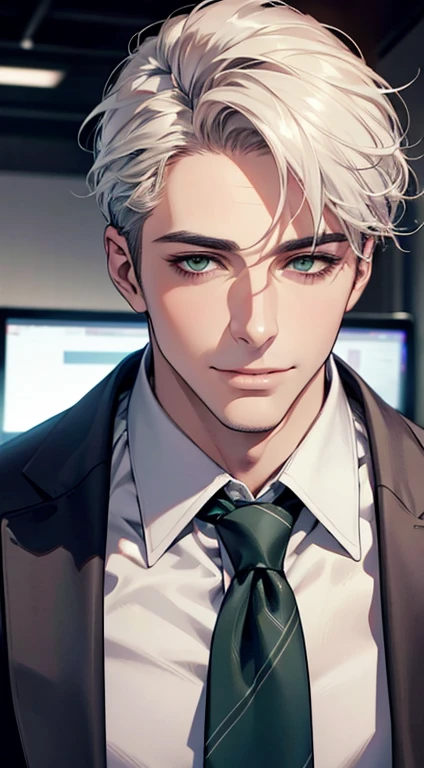 (Highest quality,4K,8K,High resolution,masterpiece:1.2),Super detailed,(Realistic,photoRealistic,photo-Realistic:1.37),1 personld,Mature Men,Beautiful skin、very handsome,Expressionless smile in love,Short white hair,green eyes,Sharp Eyes,A perfect face without a doubt,Businessman, CEO, Office Background,Cinema Lighting,HDR image,tie、