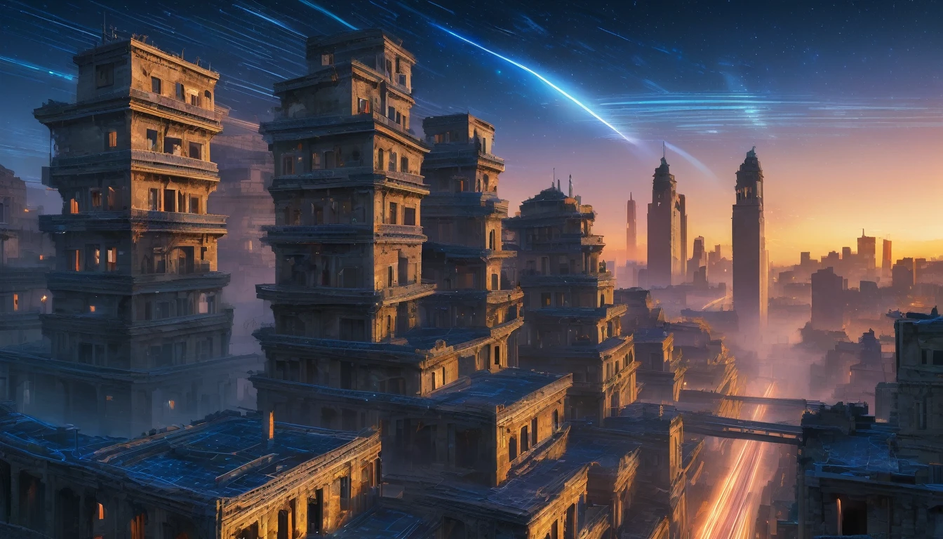 score_9, score_8_upper, score_7_upper,(((City Ruins))),Modern ruins,sf,(((blue))),,horizontal line,Morning Glow,Starry Sky,Streaks of Light,(masterpiece, Highest quality, Highest quality, Official Art, beautiful, beautiful:1.2,Ray Tracing),Very detailed,Blue tones,Very detailed, (Fractal Art:1.3),  Most detailed, High resolution, Impressive visuals, (Dynamic Stripes, Light trail:1.2), Vibrant colors ,Detailed Images