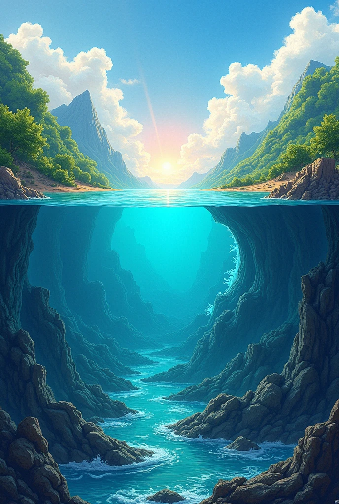 Make an image where the world is divided in two, On one side everything is clean and beautiful and on the other side it is contaminated., the ocean manifests itself.
Let the image convey awareness about the environment.
That the image is easy to draw