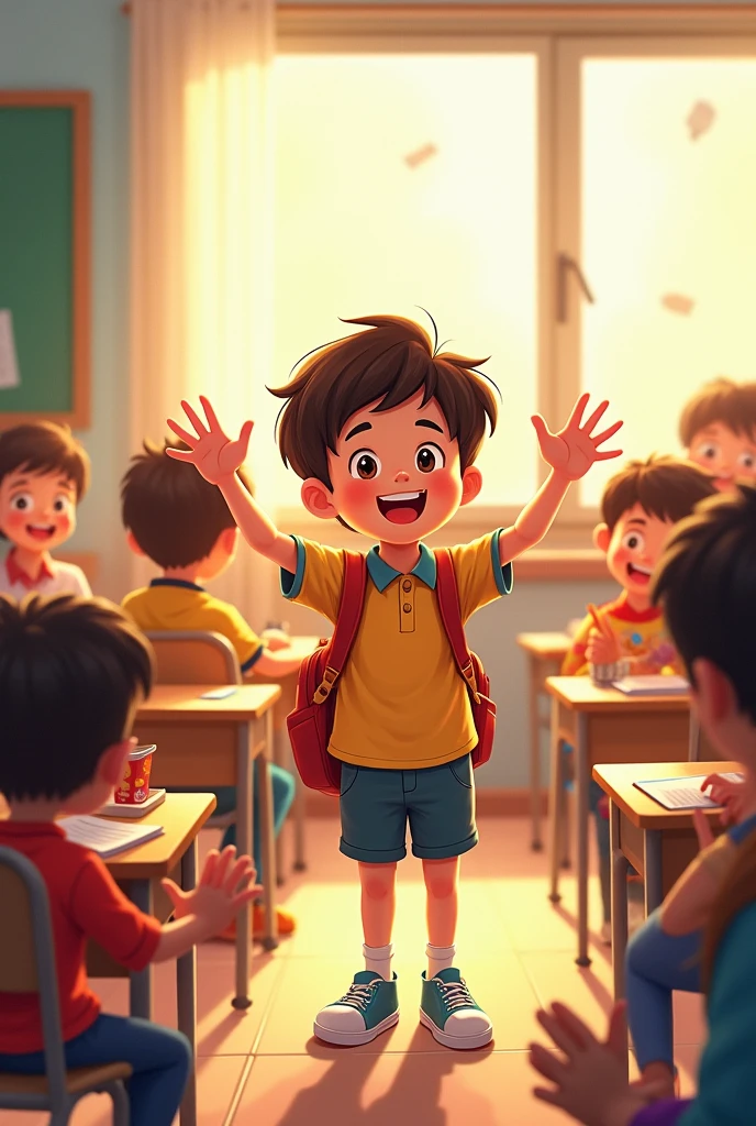 illustration. boy waving to his classmates in the classroom.