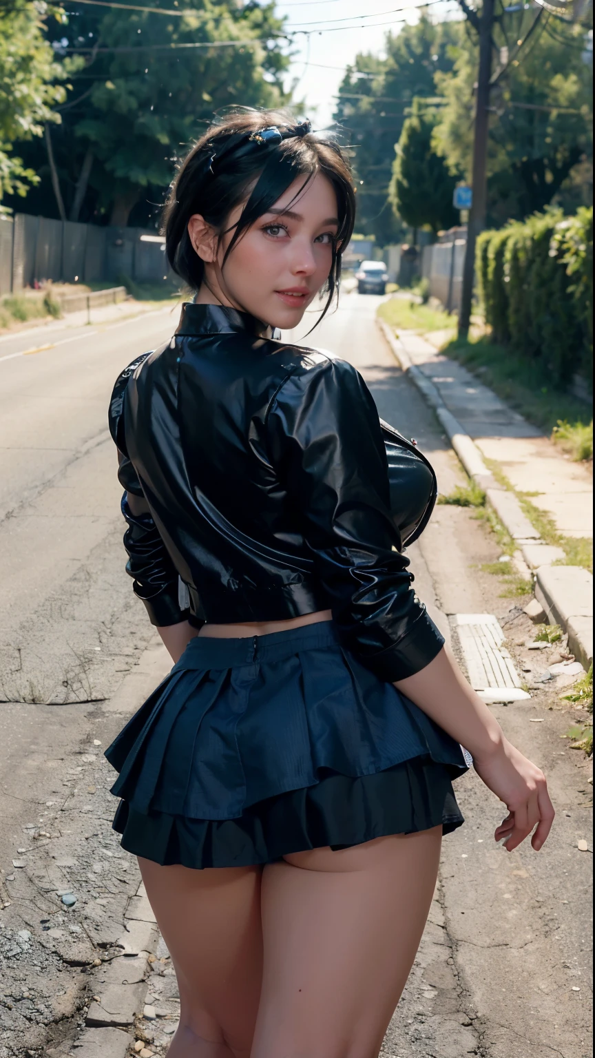 (bicycle), ((walking through the countryside), ((field)),, (((road))), cap with visor, (((short skirt))), butt, shaky hair, big breasts, mouth open,shy,blushing,grimacing,flare,,marker,outdoors,Blake,youthful girl,(shiny black hair,very short hair),youthful girl,happy girl,((competition bike),Blake,accessory for blue butterfly hair, Blake, bright colors, sharp focus, best quality, depth of field, cinematic lighting, (illustrated, 8k CG, highly detailed), ultra detailed, high resolution, firefly, perfect light, 8k, very clear, best quality,high resolution.best quality,illustrated,saxophone blue,single woman,cute,(dynamic lighting: 1.2),cinematic lighting,delicate facial features,sexy young woman,