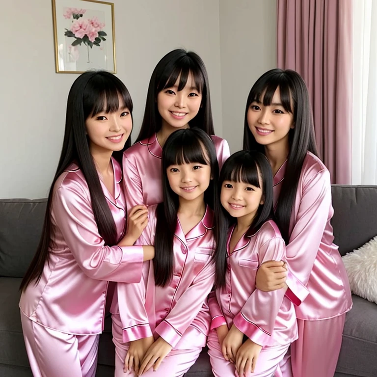 Twin Asian Mothers with Pink Satin Pajamas, Hug with Twin Asian Daughters with Pink Satin Pajamas, Long Hair with Full Bangs, Full Body, Living Room, Smile, Friendly.