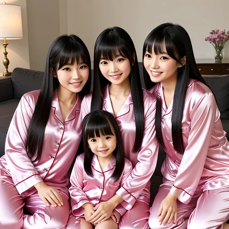 Twin Asian Mothers with Pink Satin Pajamas, Hug with Twin Asian Daughters with Pink Satin Pajamas, Long Hair with Full Bangs, Full Body, Living Room, Smile, Friendly.
