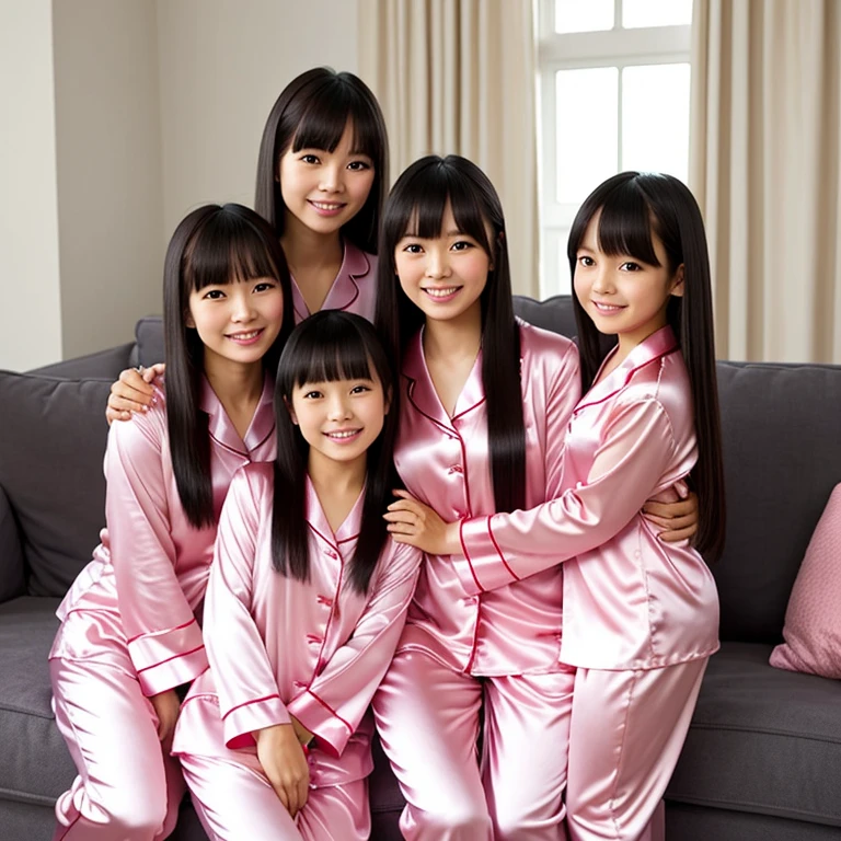 Twin Asian Mothers with Pink Satin Pajamas, Hug with Twin Asian Daughters with Pink Satin Pajamas, Long Hair with Full Bangs, Full Body, Living Room, Smile, Friendly.
