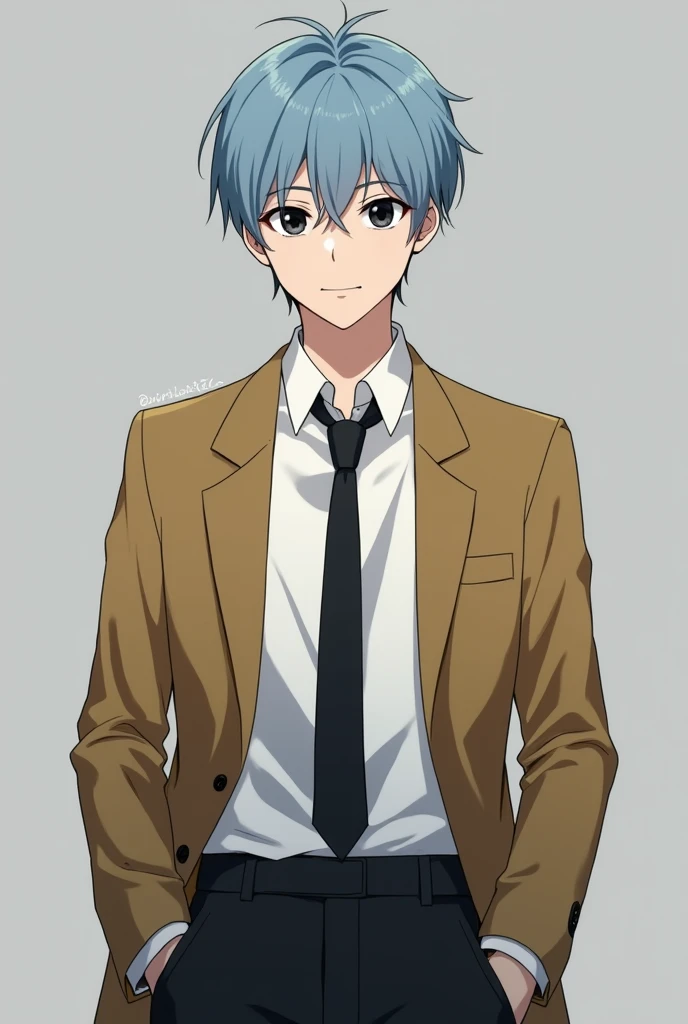 More mature anime style image. A gray background image. A teenager with light blue hair, black eyes. He had a friendly smile, but it seemed to hide something. He wore a white dress blouse and a neat black tie, a vest over a dark yellow blazer closed over black pants.
