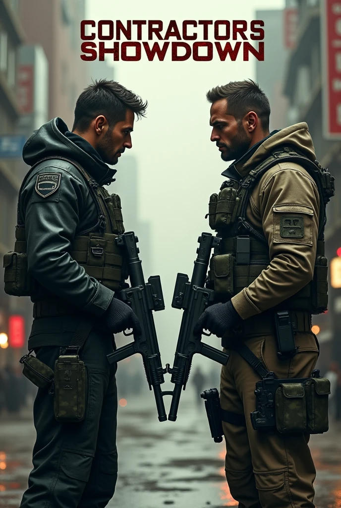 Two guys holding machine gun with the words contractors showdown above them