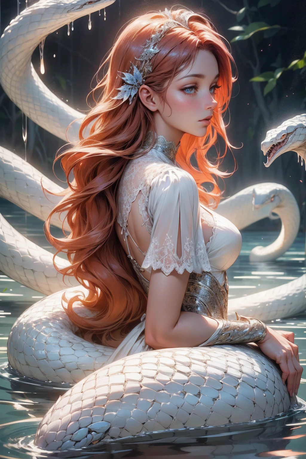 {-erro_de_anatomia:1.0}(best quality,4k,8k,highres,masterpiece:1.2), ultra-detailed, (realistic,photorealistic,photo-realistic:1.37), mature milf, illyasviel von einzbern, redhead hair, upper body, vibrant colors, glowing skin, mesmerizing eyes, brown eyes, elegant pose, enchanting background, delicate lace dress, surreal lighting, ethereal atmosphere, mystical aura, intricate details, artistic medium, digital illustration, fantasy, anime, sitting on the water, backwards, looking back, kissing a white snake